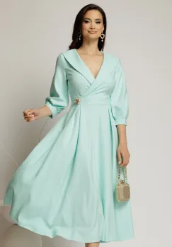 Rochie office de ocazie din stofa turcoaz cu bust petrecut si rever imagine