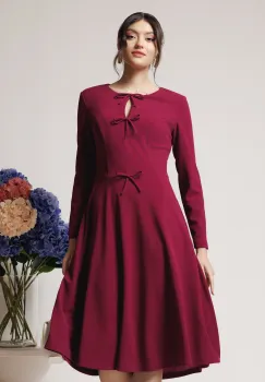 Rochie office din crep magenta cu fundite pe bust imagine