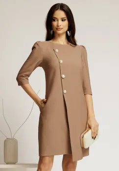 Rochie office din stofa bej cu nasturi perlati imagine