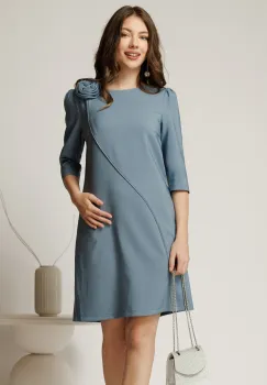 Rochie office din stofa bleu cu floare pe umar imagine