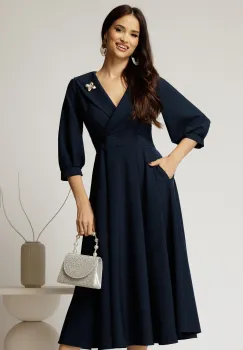 Rochie office din stofa bleumarin cu bust petrecut si rever imagine