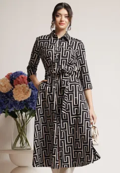 Rochie office din stofa neagra cu imprimeu bej si cordon in talie imagine