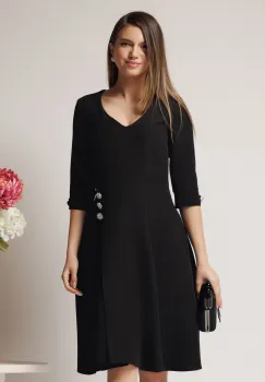 Rochie office din stofa neagra cu nasturi in talie imagine