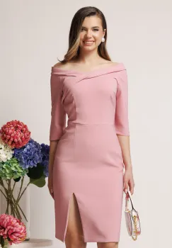 Rochie office din stofa roz conica cu decolteu barcuta imagine