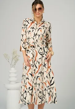 Rochie office din viscoza bej cu imprimeu caramiziu si cordon in talie imagine