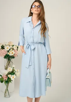 Rochie office din viscoza bleu cu cordon in talie imagine