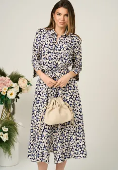 Rochie office din viscoza cu imprimeu bleumarin-bej si cordon in talie imagine