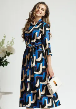 Rochie office din viscoza cu imprimeu geometric albastru si cordon in talie imagine