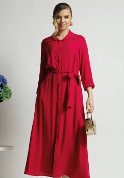 Rochie office din viscoza fucsia cu cordon in talie imagine