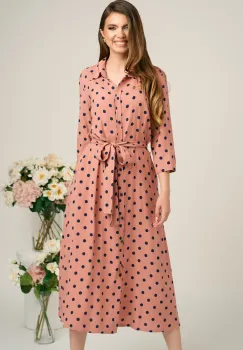 Rochie office din viscoza roz cu buline bleumarin si cordon in talie imagine