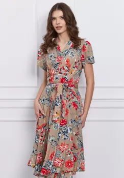 Rochie Rina bej cu croi petrecut si imprimeu floral rosu imagine