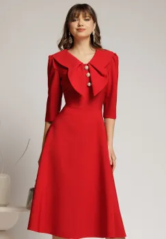 Rochie rosie clos de ocazie cu guler maxi si nasturi perluta imagine