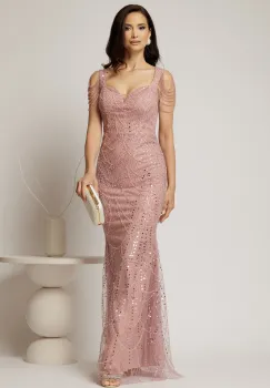 Rochie roz de seara croi sirena cu aplicatii de paiete si margele imagine