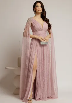 Rochie roz lunga de seara din dantela cu aplicatii pe umeri imagine