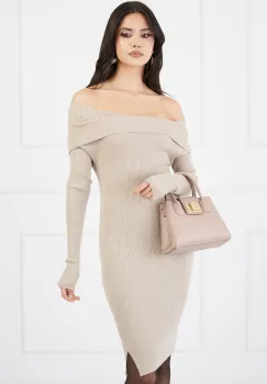 Rochie Sara bej cu decolteu lasat pe umeri imagine