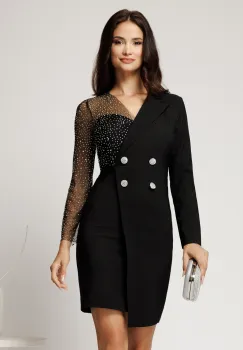 Rochie Sasha scurta neagra din stofa cu croi conic si bust din paiete imagine