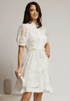 Rochie scurta alba din dantela cu nasturi si cordon impletit imagine