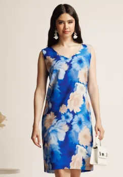 Rochie scurta albastra cu flori bej din viscoza imagine