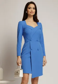 Rochie scurta albastra cu maneci lungi si nasturi imbracati imagine