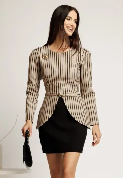 Rochie scurta bej cu dungi din stofa cu peplum in talie si fusta neagra imagine