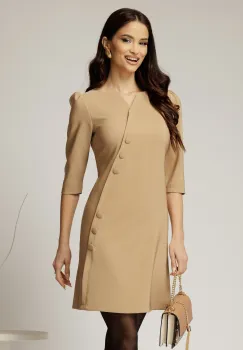 Rochie scurta bej cu nasturi decorativi si croi cambrat imagine