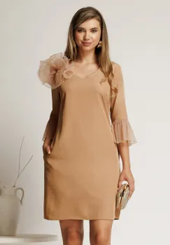 Rochie scurta bej din stofa cu mansete din voal plisat si floare maxi imagine