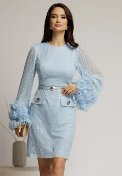 Rochie scurta bleu din dantela cu maneci ample imagine