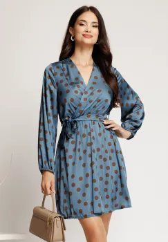 Rochie scurta bleu din satin cu buline maro si cordon in talie imagine