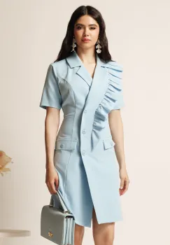 Rochie scurta bleu din stofa tip sacou cu croi cambrat si volan pe bust imagine