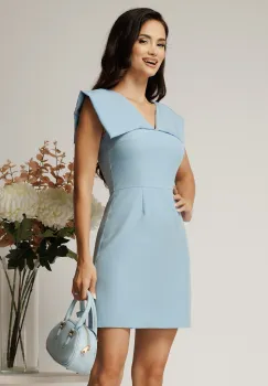 Rochie scurta bleu evazata din stofa cu guler maxi imagine
