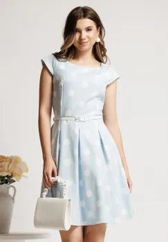 Rochie scurta bleu in clos cu buline si curtea in talie imagine