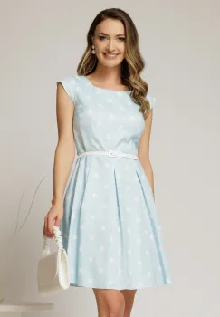 Rochie scurta bleu in clos cu buline si curtea in talie imagine