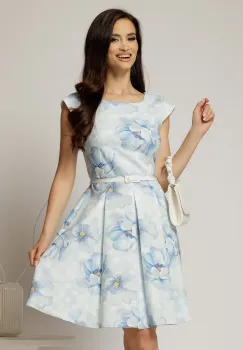 Rochie scurta bleu in clos cu imprimeu floral si curea in talie imagine