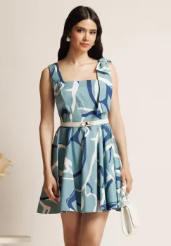 Rochie scurta bleu in clos cu imprimeuri si curea detasabila in talie imagine