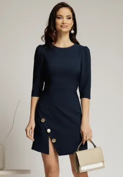 Rochie scurta bleumarin cu fusta tip A si nasturi decorativi imagine