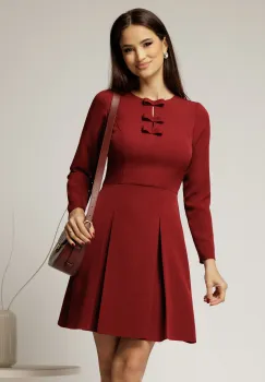 Rochie scurta bordo cu funde la bust si pliuri pe fusta imagine