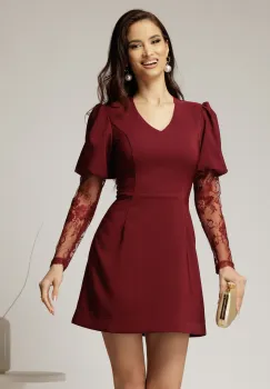 Rochie scurta bordo cu maneci din dantela si decolteu V imagine