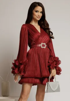 Rochie scurta bordo de seara cu fusta tip gogosar si maneci ample imagine