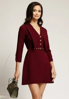 Rochie scurta bordo din stofa cu guler maxi ascutit si curea in talie imagine
