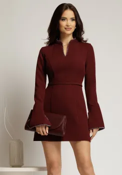 Rochie scurta bordo din stofa cu insertii de margele la maneci si decolteu imagine