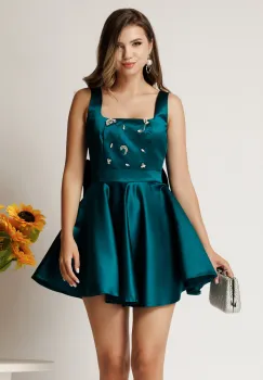 Rochie scurta eleganta turcoaz din tafta cu strasuri la bust si funda la spate imagine