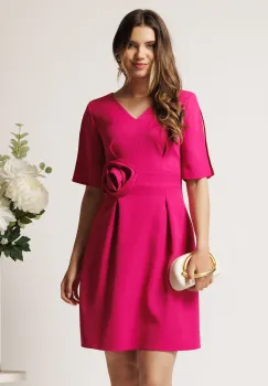 Rochie scurta fucsia din stofa cu trandafir si pliuri in talie- Moze imagine