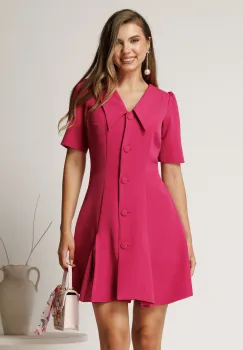 Rochie scurta fucsia din stofa in clini cu nasturi si guler maxi imagine