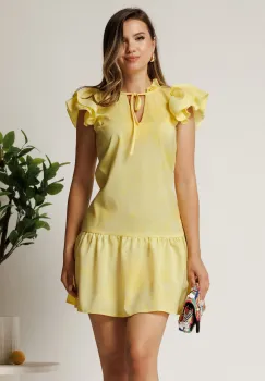 Rochie scurta galbena din triplu voal cu croi cambrat si volan la baza imagine