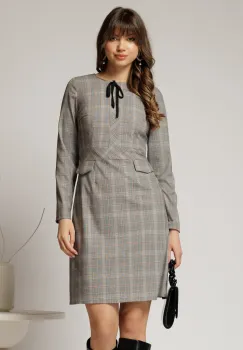 Rochie scurta gri cu carouri snur la guler si fusta tip A imagine