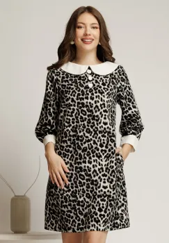Rochie scurta gri din stofa cu imprimeu animal print si guler alb imagine