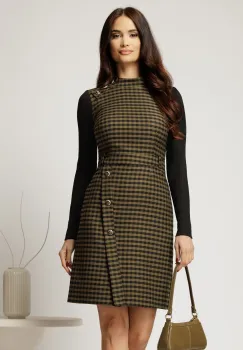 Rochie scurta in carouri kaki cu nasturi pe fusta imagine
