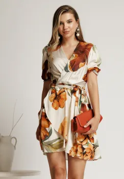 Rochie scurta ivory din satin cu imprimeu maro si cordon in talie imagine