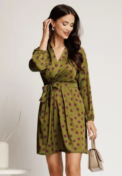 Rochie scurta kaki din satin cu buline mov si cordon in talie imagine