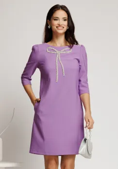 Rochie scurta lila din stofa cu croi cambrat si funda din strasuri imagine